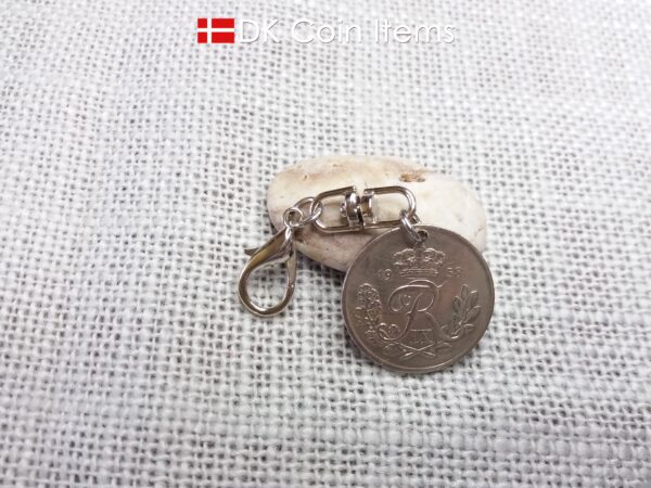 Denmark 1958 coin charm. 66 year old 25 ore with Crown R initial coin pendant