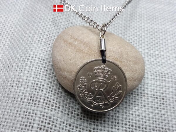 Denmark 1956 coin pendant necklace with 68 year old R initial 25 ore