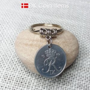 Denmark 1970 coin keychain. 54 year old R-initial 2 ore coin pendant. 54th birthday gift.