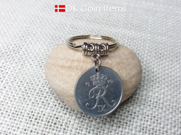 Denmark 1970 coin keychain. 54 year old R-initial 2 ore coin pendant. 54th birthday gift.