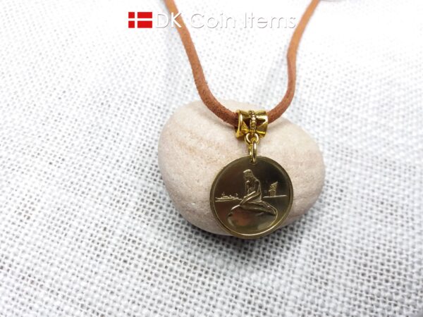 Danish coin necklace with The Little Mermaid on a vintage token coin from Copenhagen