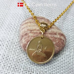 Danish Little Mermaid necklace with The Little Mermaid sculpture on a vintage Copenhagen token coin