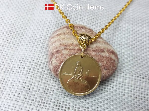 Danish Little Mermaid necklace with The Little Mermaid sculpture on a vintage Copenhagen token coin