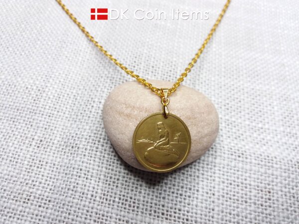 Token necklace with The Little Mermaid sculpture on a vintage Copenhagen token coin from Denmark