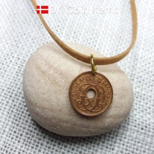 Denmark 1938 coin pendant necklace with 86 year old Danish C initial copper 1 ore coin