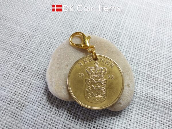 Denmark 1952 coin charm. 72 year old Golden Crown Coat of Arms 2 kroner coin pendant. Vintage souvenir gift.