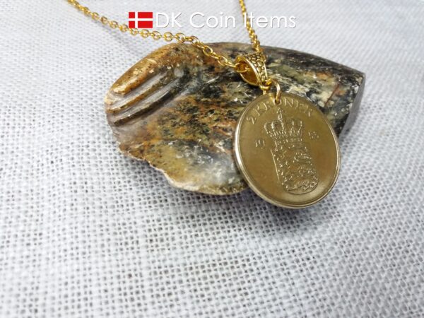 Denmark 1953 coin necklace. 71 year old Golden Crown Danish Coat of Arms 2 kroner as coin pendant