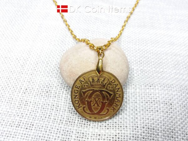 Denmark 1939 coin necklace. 85 year old golden Crown C initial 2 kroner coin pendant. Antique Danish souvenir gift