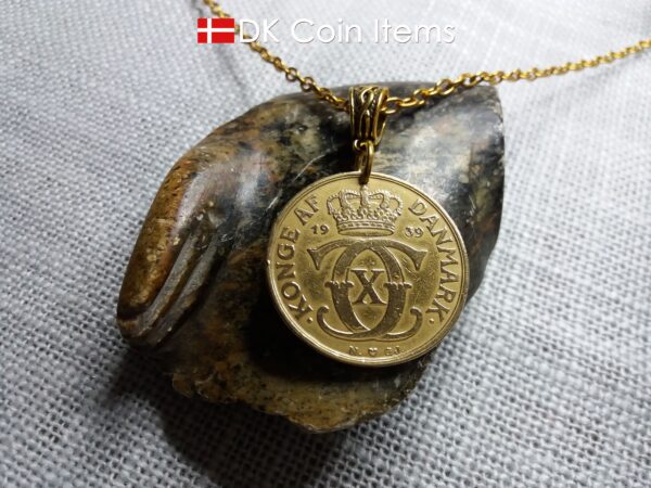 Denmark 1939 coin necklace. 85 year old golden coin pendant. Danish Crown C initial 2 kroner. Antique souvenir gift