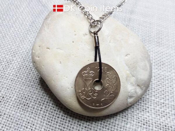 Denmark 1988 coin necklace. 36 year old coin pendant. Crown M Initial 25 ore. Danish vintage souvenir gift