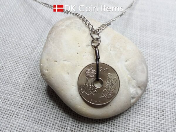 Denmark 1987 coin necklace. 37 year old Crown M Initial 25 ore coin pendant. Danish vintage souvenir gift