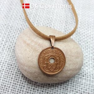 Denmark coin necklace with 86 year old coin pendant. Danish initial C copper 1 ore coin