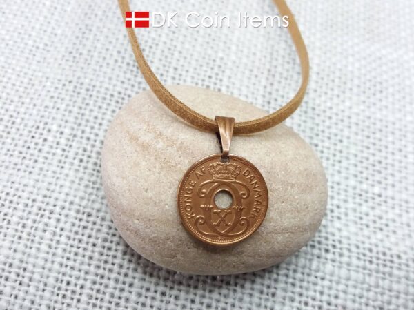 Denmark coin necklace with 86 year old coin pendant. Danish initial C copper 1 ore coin