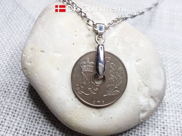 Denmark 1973 coin necklace. 51 year old Crown M Initial 25 ore coin pendant. Danish vintage souvenir gift