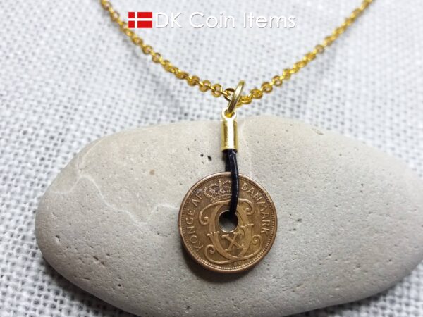 Antique Danish 1934 coin necklace with 87 year old Crown C initial copper 1 ore coin pendant from Denmark