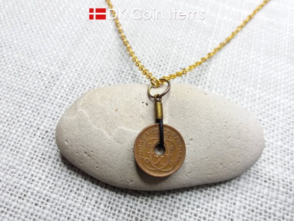 Antique Danish 1937 coin necklace with 87 year old Crown C initial copper 1 ore coin pendant from Denmark