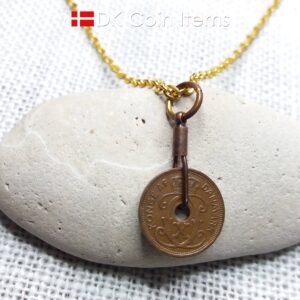 Antique Danish 1930 coin necklace with 94 year old Crown C initial copper 1 ore coin pendant from Denmark