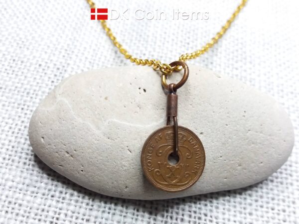 Antique Danish 1930 coin necklace with 94 year old Crown C initial copper 1 ore coin pendant from Denmark