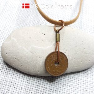 Denmark 1930 coin necklace. Antique 94 year old Crown C initial Danish copper 1 ore as coin pendant