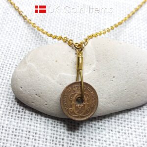 Danish 1930 coin necklace. 94 year old copper 1 ore from Denmark. Antique Crown C initial coin as pendant