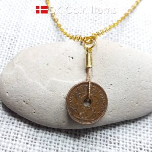 Danish 1933 coin necklace. 91 year old copper 1 ore from Denmark. Antique Crown C initial coin as pendant