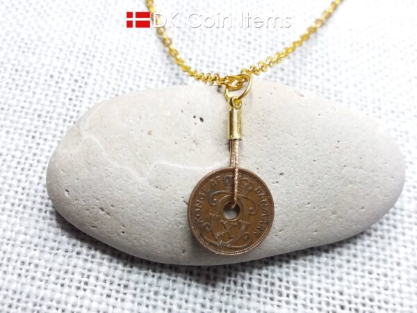 Danish 1933 coin necklace. 91 year old copper 1 ore from Denmark. Antique Crown C initial coin as pendant