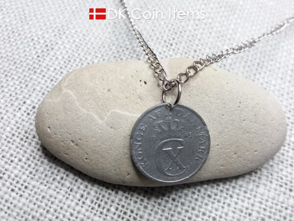 Denmark 1942 coin necklace. 82 year old Crown C initial 2 ore coin pendant. 82nd birthday gift. Antique Danish vintage souvenir gift