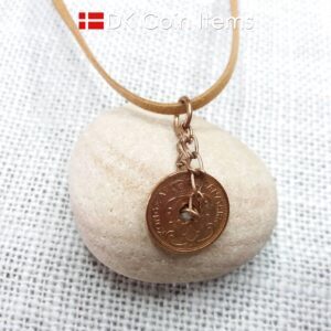 Denmark 86 year old coin pendant. Coin necklace with Danish initial C copper 1 ore