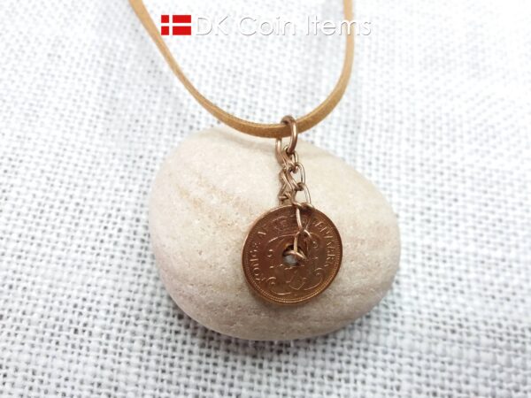 Denmark 86 year old coin pendant. Coin necklace with Danish initial C copper 1 ore