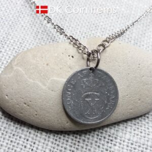 Denmark 1943 coin necklace. 81 year old Crown C initial 2 ore coin pendant. 81st birthday gift. Antique Danish vintage souvenir gift