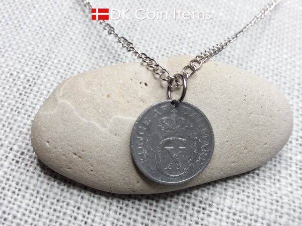 Denmark 1943 coin necklace. 81 year old Crown C initial 2 ore coin pendant. 81st birthday gift. Antique Danish vintage souvenir gift