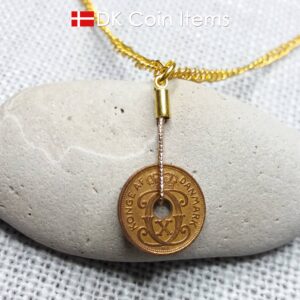 Denmark antique 1937 coin necklace. 87 year old Crown C initial copper 1 ore coin pendant. Danish vintage souvenir. 87th birthday gift