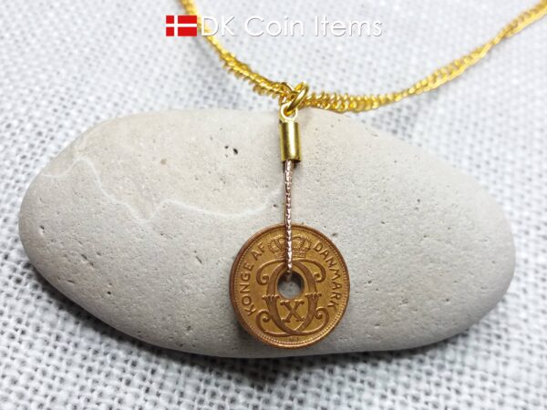 Denmark antique 1937 coin necklace. 87 year old Crown C initial copper 1 ore coin pendant. Danish vintage souvenir. 87th birthday gift