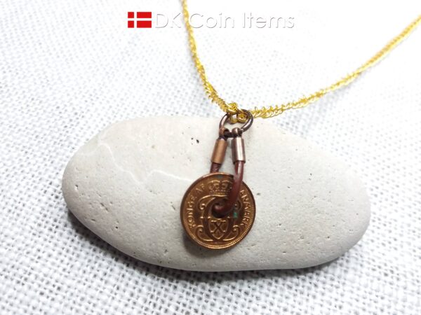 Denmark antique 1938 coin necklace. 86 year old Crown C initial copper 1 ore coin pendant. Danish vintage souvenir. 86th birthday gift