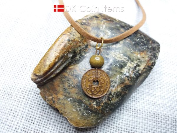 Denmark antique 1940 coin necklace. 84 year old Crown C initial copper 1 ore coin pendant. Danish vintage souvenir. 84th birthday gift