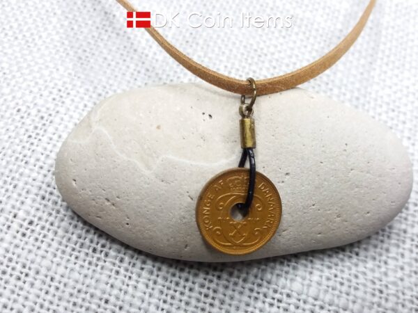 Denmark 1940 coin necklace. 84 year old Crown C initial copper 1 ore coin pendant. Antique Danish vintage souvenir. 84th birthday gift