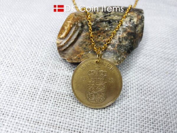 Denmark 1958 coin necklace. 66 year old Golden Crown Coat of Arms 2 kroner coin pendant