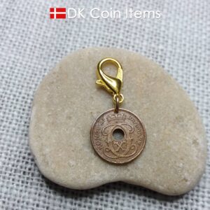 Denmark 1940 coin charm. 84 year old coin pendant. Copper 1 ore with Crown C initial