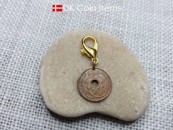 Denmark 1940 coin charm. 84 year old coin pendant. Copper 1 ore with Crown C initial