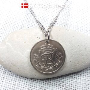 Denmark 1954 coin necklace. 70 year old coin pendant. Danish 25 ore with Crown R initial