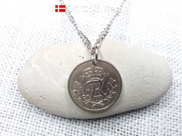 Denmark 1954 coin necklace. 70 year old coin pendant. Danish 25 ore with Crown R initial