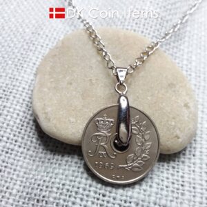 Denmark 1969 coin necklace. 55 year old coin pendant. Danish 25 ore with Crown R initial