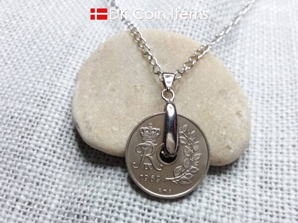 Denmark 1969 coin necklace. 55 year old coin pendant. Danish 25 ore with Crown R initial