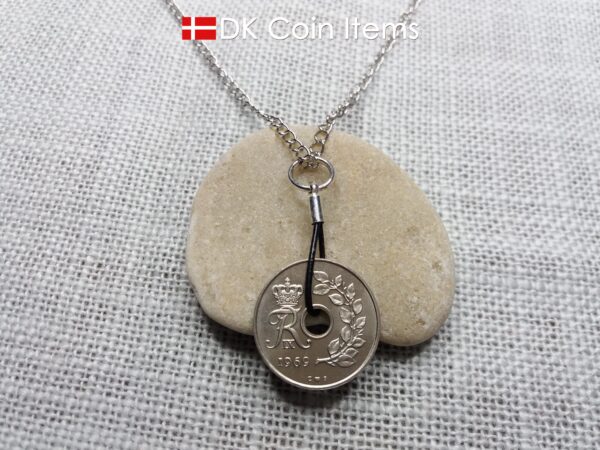 Denmark 1969 coin necklace. 55 year old coin pendant. Initial R 25 ore. Danish Crown souvenir