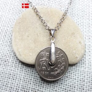 Denmark 1967 coin necklace. 57 year old coin pendant. Danish 25 ore with Crown R initial