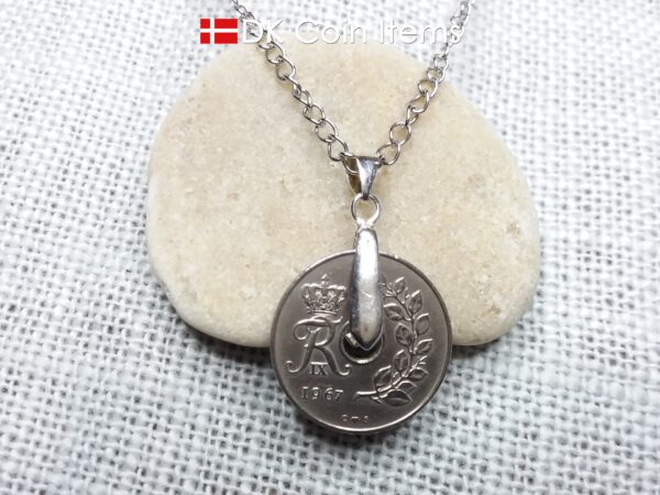 Denmark 1967 coin necklace. 57 year old coin pendant. Danish 25 ore with Crown R initial