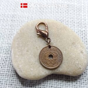 Denmark 1930 coin charm. 94 year old coin pendant. Copper 1 ore with Crown C initial