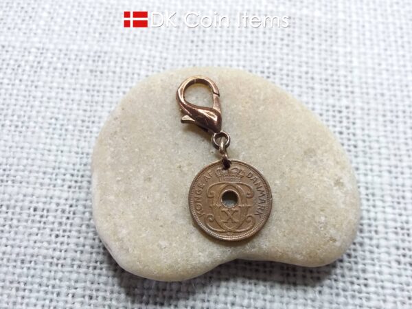 Denmark 1930 coin charm. 94 year old coin pendant. Copper 1 ore with Crown C initial