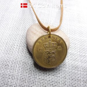 Denmark 1958 coin pendant necklace. 66 year old Golden Crown Coat of Arms 2 kroner coin