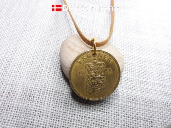 Denmark 1958 coin pendant necklace. 66 year old Golden Crown Coat of Arms 2 kroner coin